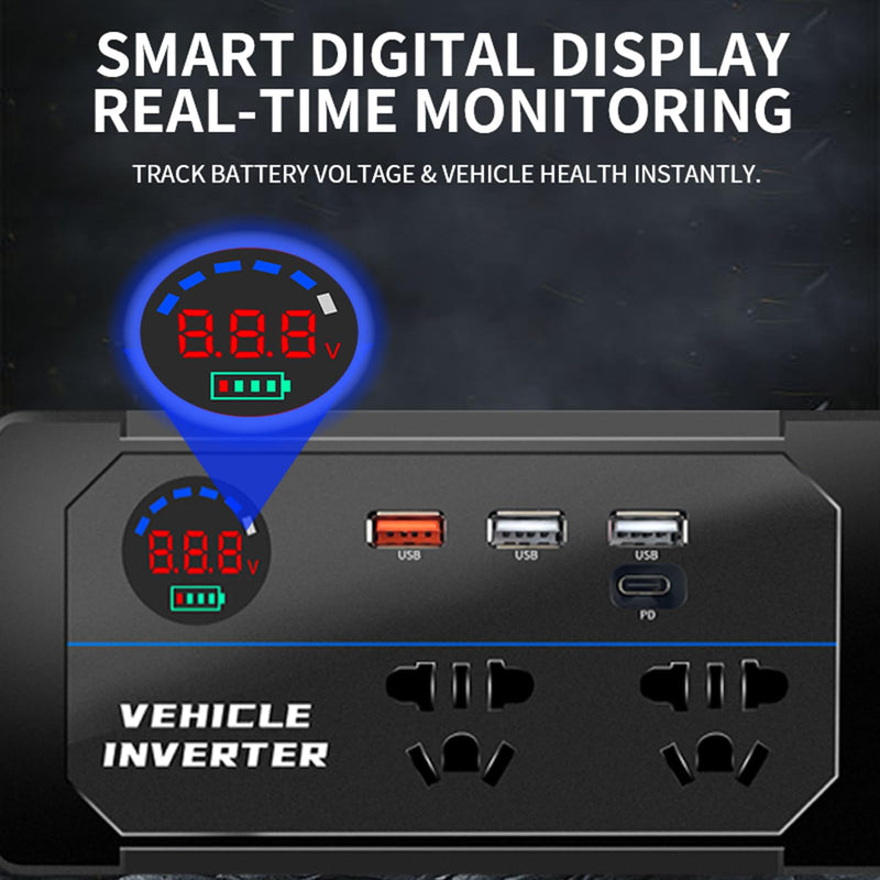200W Car Power Inverter, DC 12V to 110V AC Car Plug Adapter Outlet with 4 USB Fast Charging Port(3xUSB A, 1xUSB C), LED Display, Dual AC Outlet, Power Inverter for Vehicles, Laptops, Phones, Black