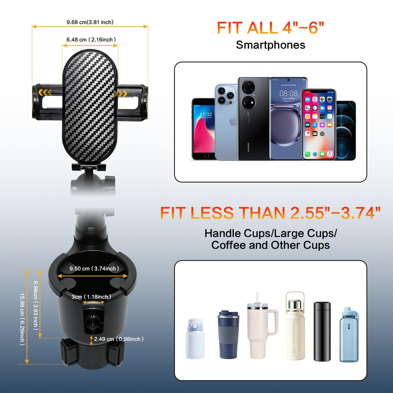 JPart Cup Phone Holder for Car, 2 in 1 Cup Holder Phone Mount with Adjustable Base and 360° Rotating Long Arm, Car Phone Holder Compatible with All Phones for Car Truck, Black - 1 Pack