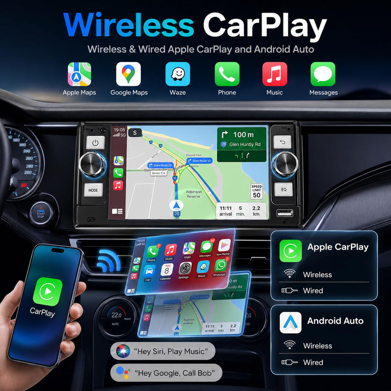 Single Din Car Stereo - Car Radio with Wireless Apple CarPlay Android Auto,HD Touchscreen Radio with Bluetooth 5.2，1080P Backup Camera, Mirror Link,GPS, FM, USB/Type-C Fast Charging, EQ, SWC