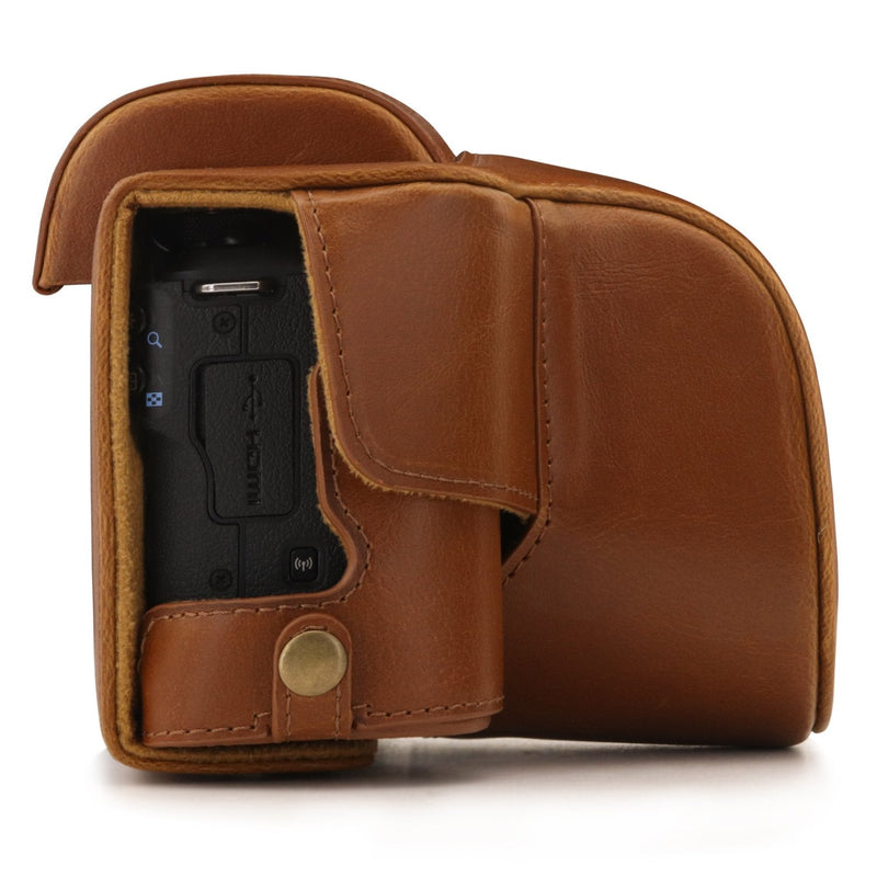 MegaGear Canon EOS M50 Leather Camera Case - Premium PU Leather Protective Cover, Ever Ready Design with Battery Access - 15-45mm Lens - Light Brown