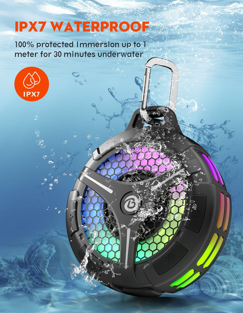 Bluetooth Shower Speaker, Suction Cup, Small Portable Wireless IPX7 Waterproof Outdoor Speakers, 15W Loud Stereo Sound Deep Bass, TWS Pairs, 6 Mode RGB Lights, All Ages Gift for Christmas Silver