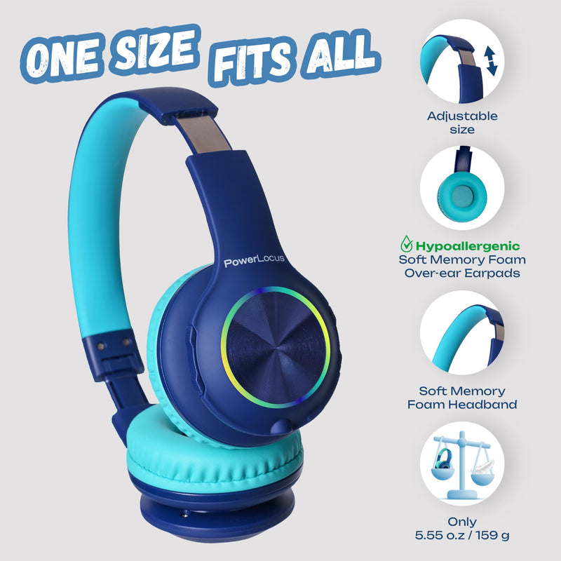 PowerLocus PLED Kids Headphones Wireless, Over Ear Headphones for Kids with 74/85/94dB Safe Volume Limits, Microphone, LED Lights