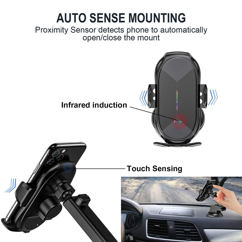 Wireless Car Charger,15W Qi Fast Charging Auto-Clamping Air Vent Windshield Dashboard Car Phone Mount,Long Arm Suction Cup Holder for iPhone Samsung LG Black-2