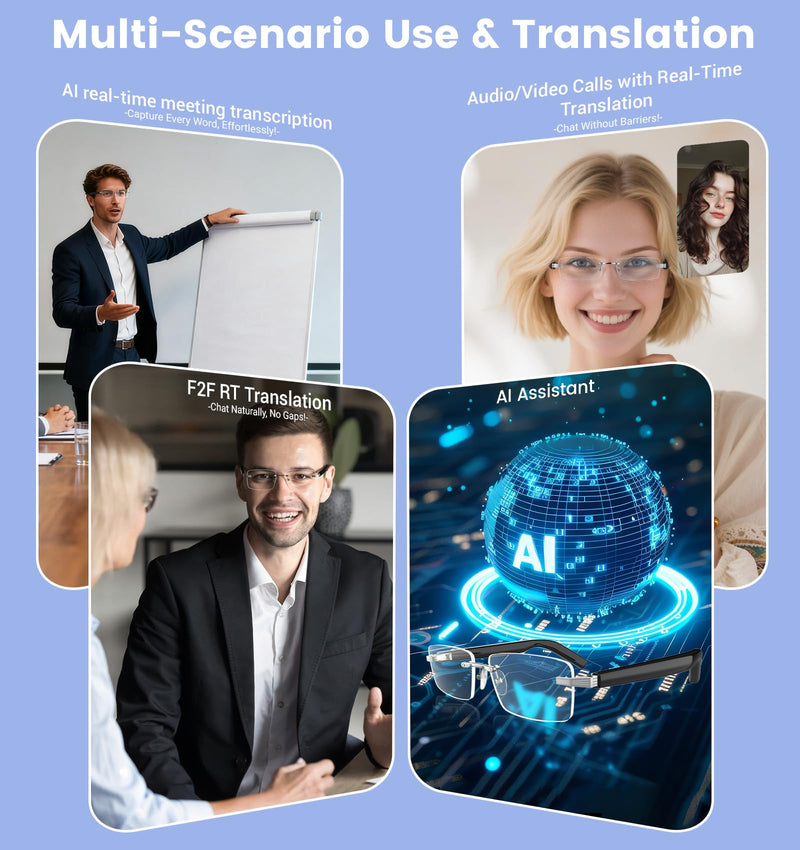 AI Smart Bluetooth Glasses for Men and Women with Chat GPT, Translation Glasses with 115 Languages and Rimless Photochromic Lens, Hands-Free Calls, UV Protection Translator Sunglasses for Music, work Black Temples Photochromic Lenses