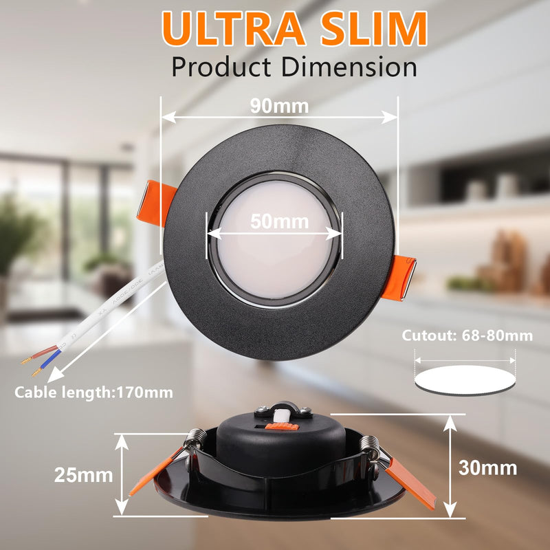 YindaLux Recessed Spotlight LED 230 V Dimmable Swivelling Recessed Spotlights 5 W IP44 LED Spot 68-80 mm Hole Size Ceiling Spotlights Warm White Neutral White Cool White Recessed Lights for Bathroom Black 6 Stück-120°Abstrahlwinkel