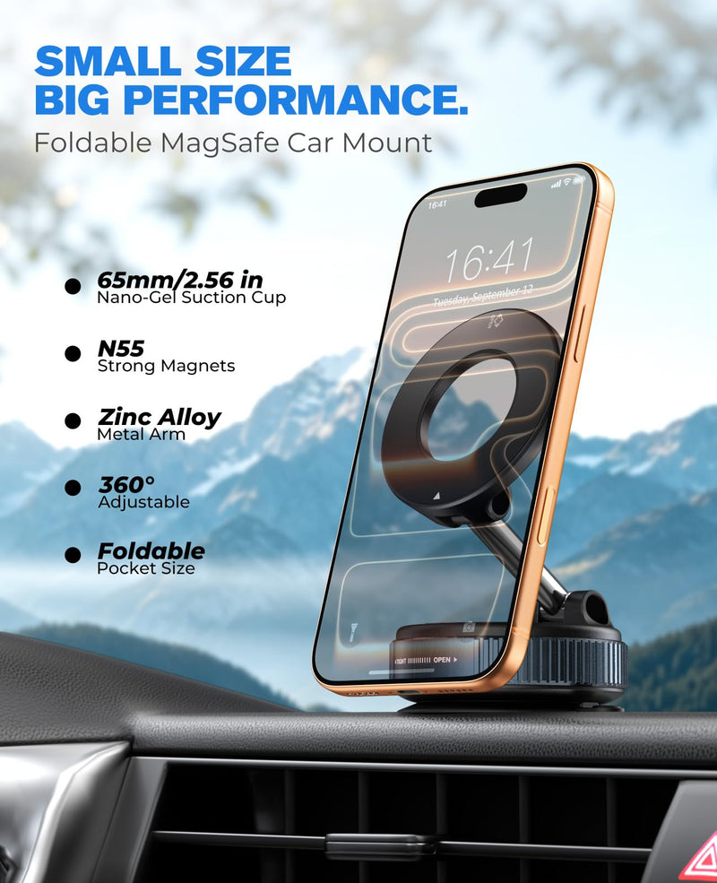 Jononser Magnetic Car Phone Holder for MagSafe, Nano-Gel Suction Cup Car Phone Mount for Car Dashboard & Windshield, Pocket-Size Foldable 360° Adjustable Car Mount for iPhone 17 16 15 14 13 12 Series Black Nano-Gel Grip