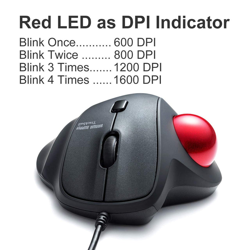 SANWA Wired Ergonomic Trackball Mouse, Optical Vertical Rollerball Mice, Silent Buttons, 34mm Trackball, 600/800/1200/1600 Adjustable DPI, Compatible with MacBook, Laptop, Computer, Windows, macOS