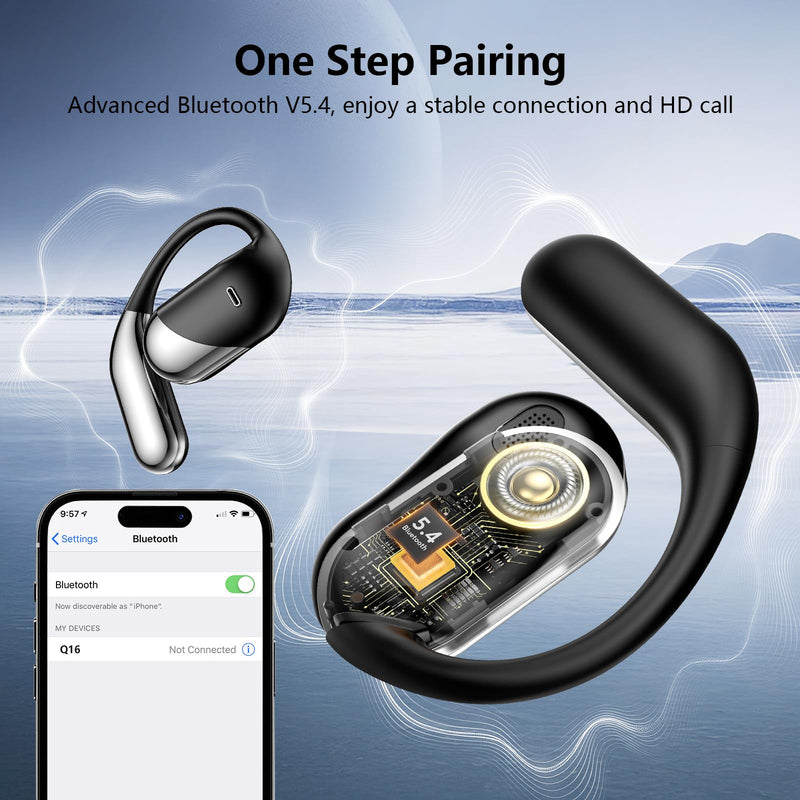 Open Ear Bone Conduction Headphones，,Over Ear Earbuds with Ergonomic Earhook,Bluetooth Headphones 5.4 with Smart Digital Display,60H Playtime,IPX7 Waterproof,Touch Control Operate Running Fit Cycling Black