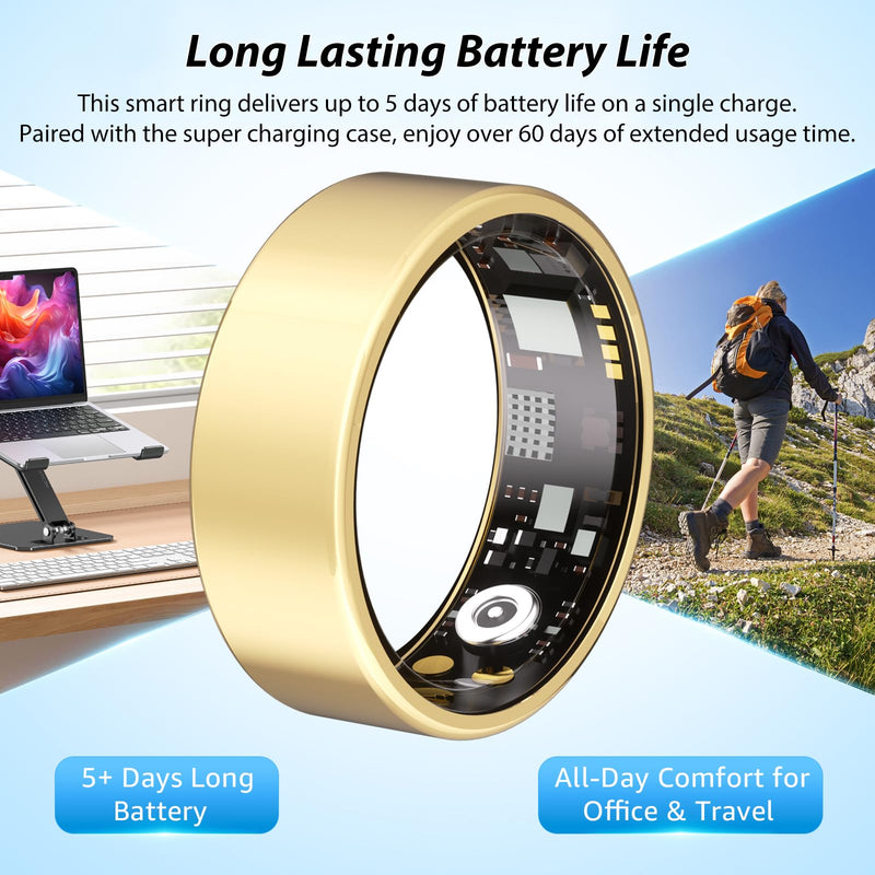 Smart Ring for Women, Health Ring, No Subscription Fee | Tracker Sleep, Blood Oxygen, Heart Rate, SpO2, HRV Stress, Steps Monitor, IP68 Waterproof, Compatible with iOS & Android Gold 6#