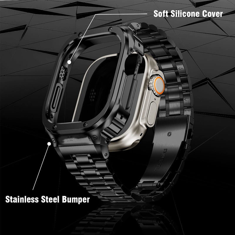 Stainless Steel Band and Case Compatible with Apple Watch Band Ultra | Men Metal Protective Bumper Cover with Straps for iWatch Ultra 3/2/1, Black 49mm(Ultra 3/2/1)