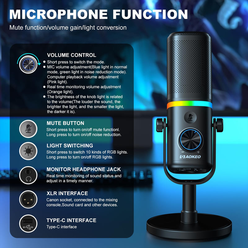 Aokeo Microphone for PC, AK-10 USB/XLR Dynamic Desktop Microphone for Gaming,Podcast,Streaming with RGB Light,Volume Control,Mute Button,Noise Reduction(White) AK-10white