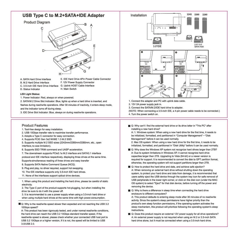 chenyang 3 in 1 USB A/C to M.2 NVMe/IDE/SATA Hard Drive Docking Station for M.2 NVMe SSD, 3.5" IDE and 2.5/3.5" SATA SSD/HDD(Note: Requires a DC 12V/2A Power Supply (not Included) without Power Supply