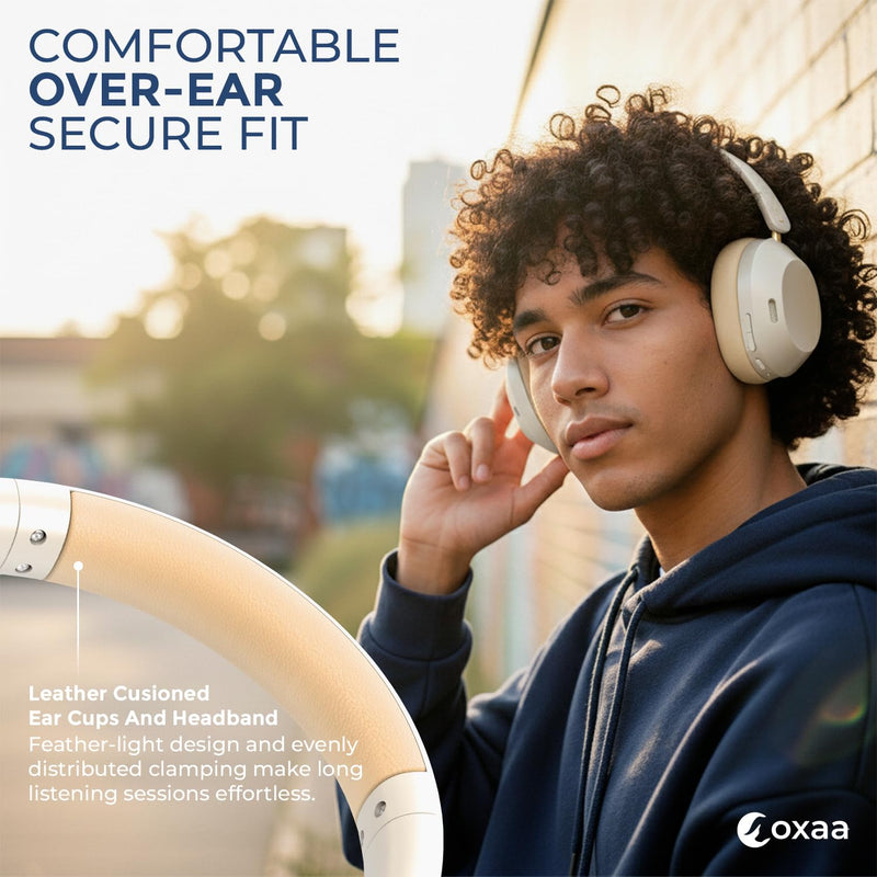 Headphones Wireless Headset with Deep Bass, 43dB Active Noise Cancelling Headphones for Adults, Wireless Headphones with 70H Battery, Fast Charging, Low-Latency Audio, Over-Ear Design (Beige)