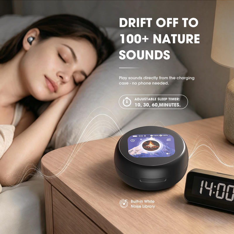 NE90 Wireless Sleep Earbuds for Side Sleepers – Smart Touchscreen Case with Built-in White Noise & AI Translation 164 Languages, Comfort Invisible Design, Sleep Timer Black