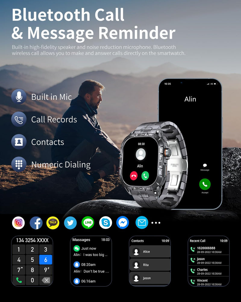 Military Smart Watch for Men with 1.96" AMOLED Screen, IP68 Waterproof Smartwatch with Bluetooth Call/Health Monitor/Sleep Monitor, 100+ Sports Moeds Fitness Tracker for iOS Android