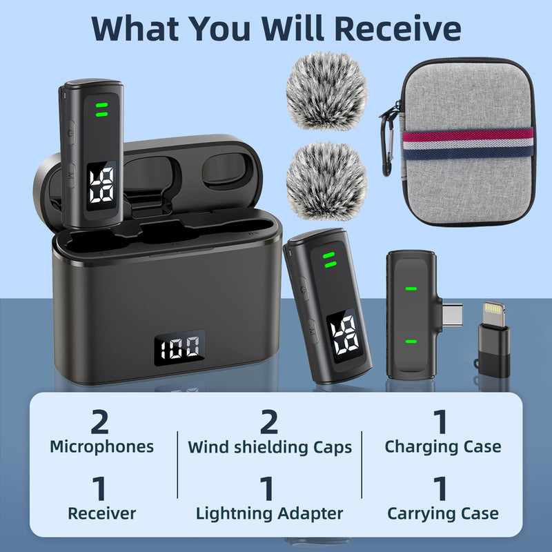 [AUSTRALIA] - Wireless Lavalier Microphone for iPhone 16 - USB C Phone Microphone for Video Recording with Noise Reduction Mini Mics 35H Charging Case 75FT Transmission Black TX-DM10B 