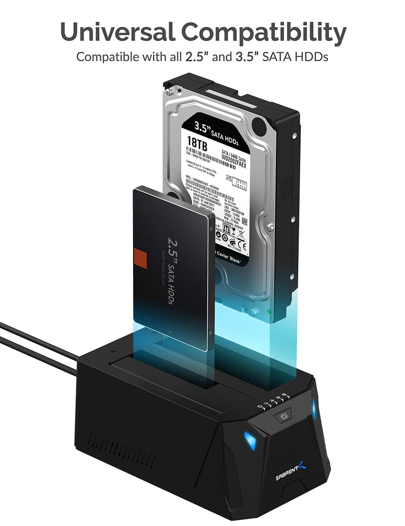 SABRENT USB-C Dual Bay Hard Drive Docking Station & Cloner (EC-CH2B) | 2.5"/3.5" SATA; offline cloning; up to 5Gbps; tool-free installation; hard drive dock; hdd dock; external hard drive dock 2-Bay SATA Dock – USB-C 5Gbps