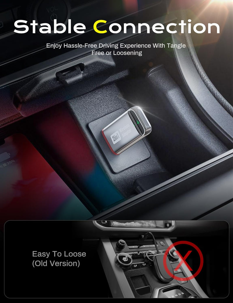 2-in-1 Wireless CarPlay Adapter 2026 Support Apple CarPlay & Android Auto, Fast Auto-Connect, No Latency, Mini Bluetooth Dongle Convert Wired to Wireless Compatible with iPhone & Android Silver U3 Sliver