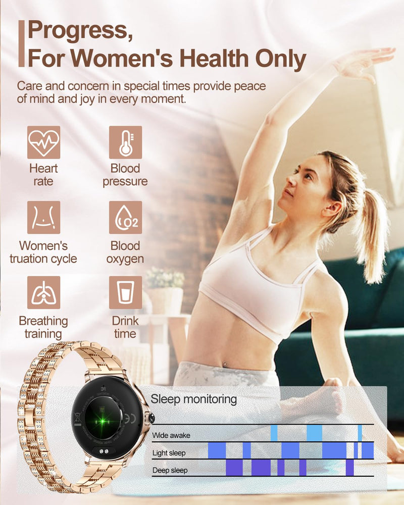Smart Watches for Women(Make/Answer Call) with Diamond:1.3" Fitness Tracker Watch for HR/Blood Pressure/SpO2/Sleep Monitor,Digital Running Watches for Women Android/iOS, 2 Straps Elegant Rosegold