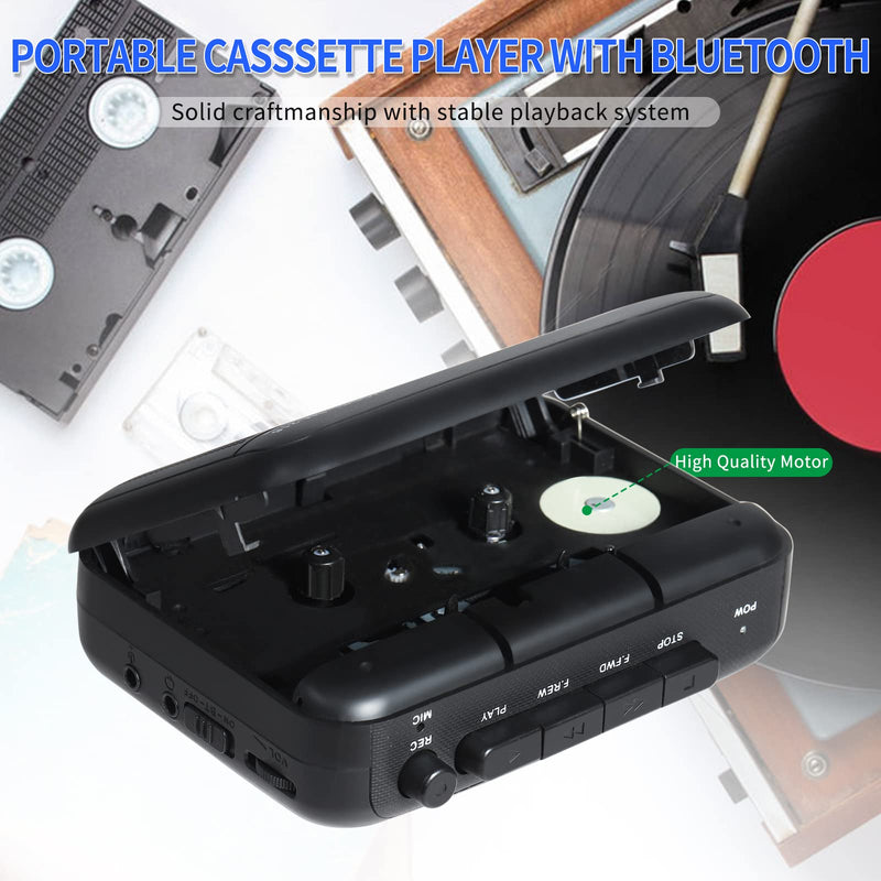 [AUSTRALIA] - Portable Cassette Player Recorder with Bluetooth Transmitter, Small Cassette Tape Player with Headphone Jack, Build-in Speaker, Microphone Jack, Powered by AC Adapter or AA Battery- Black 