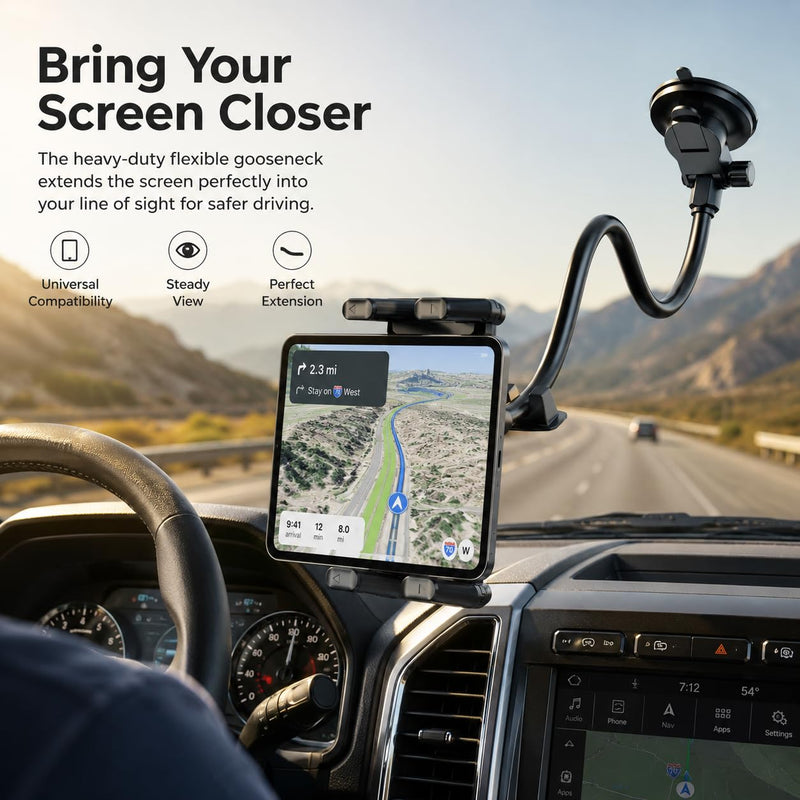 Car Windshield Tablet Mount 360° Rotation Suction Cup Holder Large Adjustable Clamp Fits 5 to 15 Inch Devices for Truck SUV Navigation and Entertainment, Black