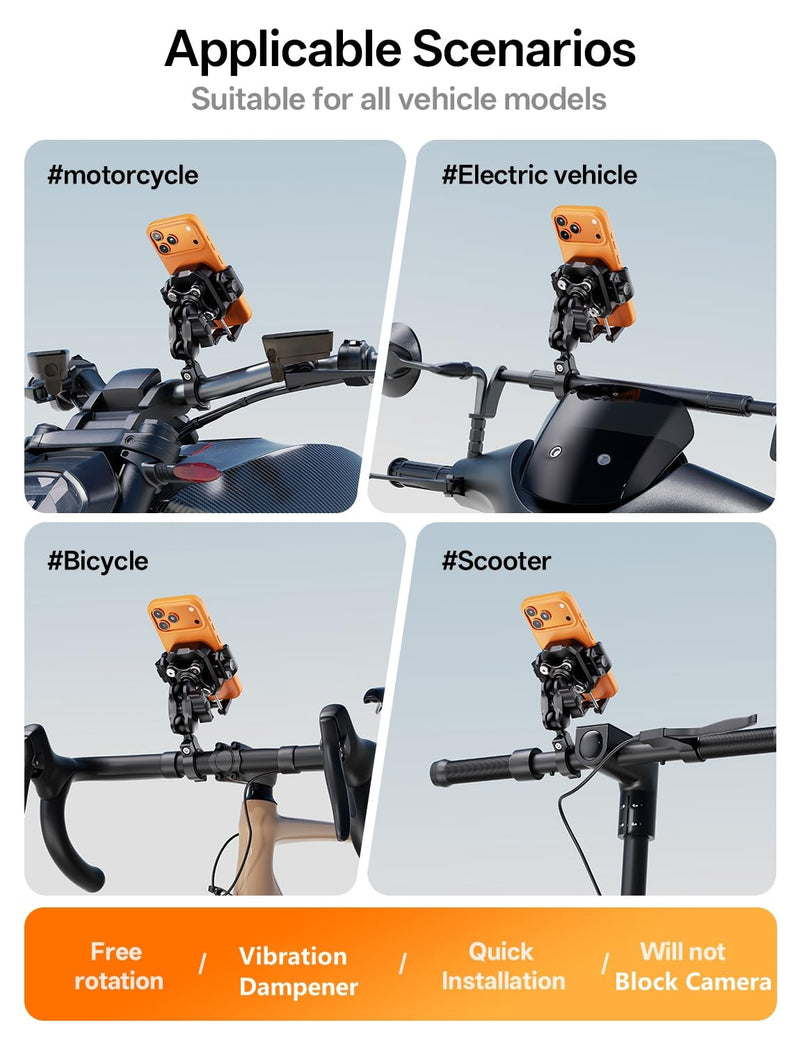 Kewig Anti-Theft Motorcycle Phone Mount with Vibration Dampener | Camera Friendly Bike Handlebar Phone Holder for Bicycle Scooter ATV, Adjustable Size Fit for 5.4-7.2" Cellphone M33-C1