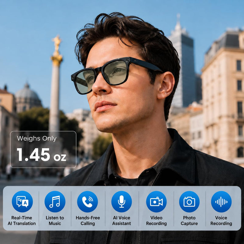 AI Smart Glasses with Photochromic Lenses, 8MP HD Camera, Bluetooth Audio | AI Translation Support; Open-Ear Audio; Dual ENC Microphones; Lightweight TR90 Frame; 290mAh Battery; Office Travel Use; Call Clear Lens