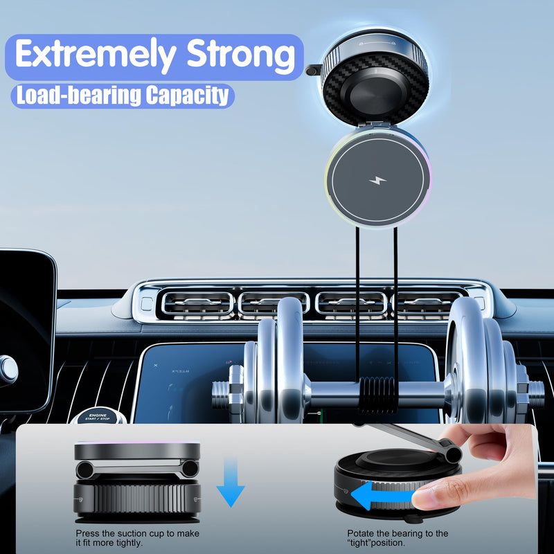 Magnetic Phone Holder for Car Wireless Charging, 15W Fast Wireless Car Charger with Vacuum Suction, 360° Adjustable Magnetic Mount for Dashboard & Windshield, Hands-Free for MagSafe iPhone & Android for Magnetic General PM