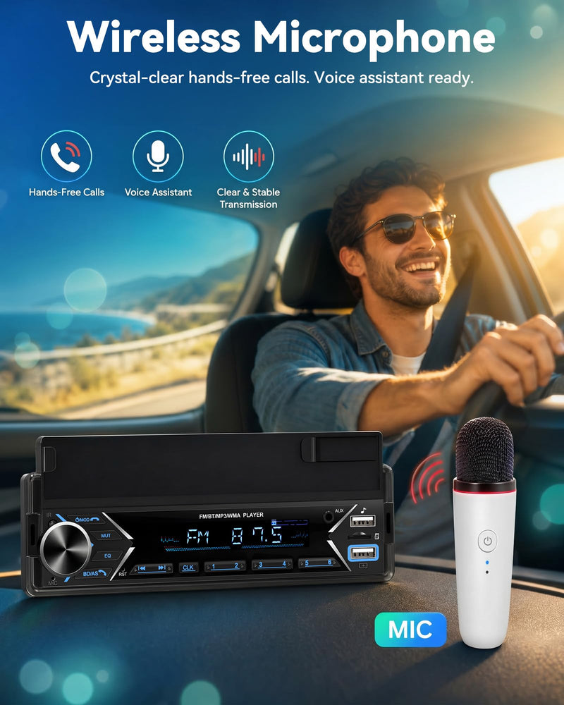 Single DIN Car Stereo Bluetooth Car Radio with FM/MP3/AUX Dual USB SWC Colorful Lights Phone Holder & Wireless MIC P2