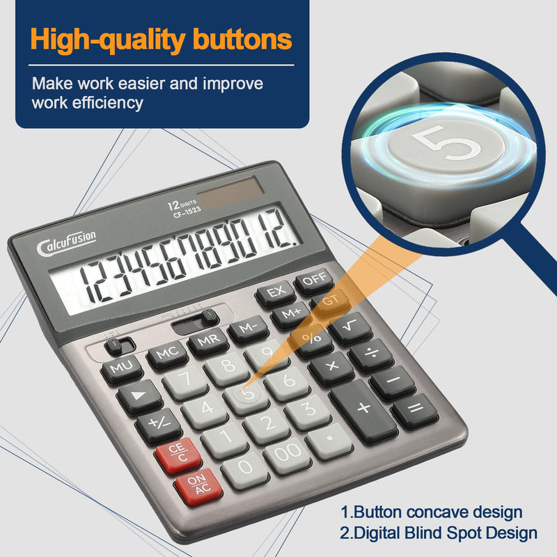 Desktop Calculator 12 Digit with Large LCD Display Big Buttons Basic Calculator Standard Function Solar Calculator with Battery Desk Calculators for Office School Home CF-1523