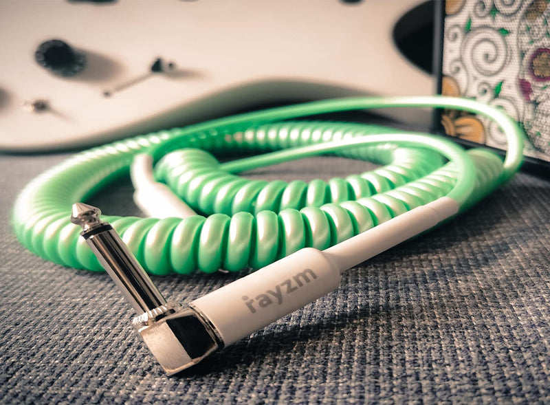 Rayzm Curly Instrument Cable, 2 Meters Coiled Chord, Right Angle to Straight Spiral Lead for Guitar/Bass green
