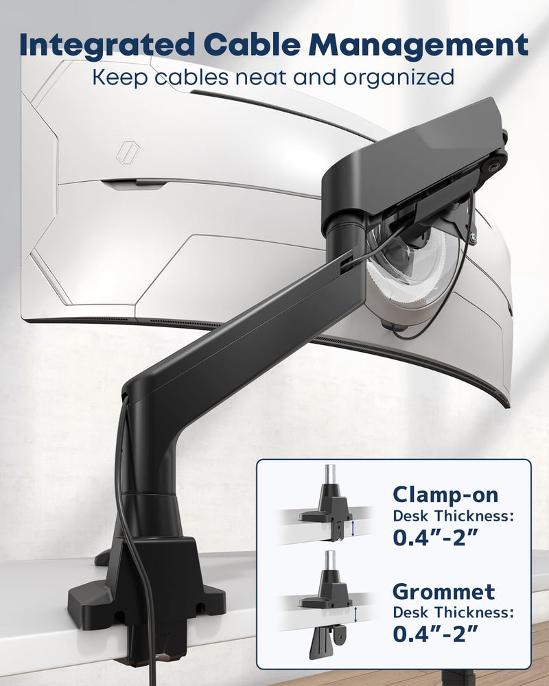Ultrawide Monitor Arm fits 17-49 Inch Heavy Duty Flat/Curved Monitor | Cable Management, Full Motion, Gas Spring Arm, Holds 35.2 lbs with Clamp & Grommet Desk Mount, VESA 75/100mm, Black Single Arm