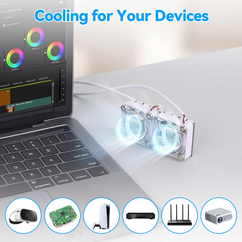 aceyoon Dual Cooling Fan, 40mm USB Fan, White | Whisper Quiet, 3 High-Speed Adjustable (4500/5500/6500 RPM), Hydraulic Fan with 80x40mm Heatsink & Silicone Thermal Pad Mini