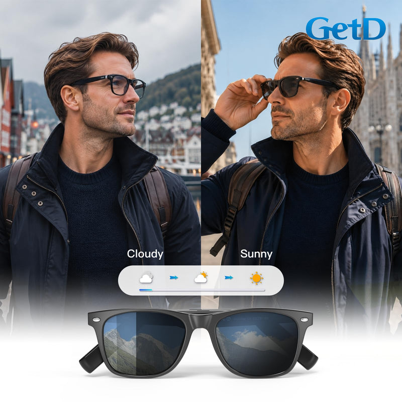 GetD AI Glasses, Smart Glasses Powered by ChatGPT, Real-Time AI Translation | Photochromic lens, AI translation in 145 languages, Hands‑free calls, Immersive audio, Holds AI conversations Black + Grey Photochromic Lens Large