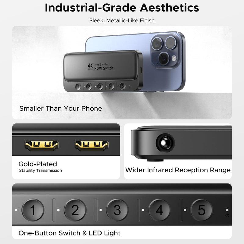 [AUSTRALIA] - ByteWave HDMI Switch 5 in 1 Out with Remote - 4K@60Hz, HDCP2.3, HDR, 3D, Dolby Support, Multi HDMI Port Selector Box, 5x1 Game Switcher Hub Compatible with PS5 Nintendo Switch1/2 Xbox Roku TV Stick 