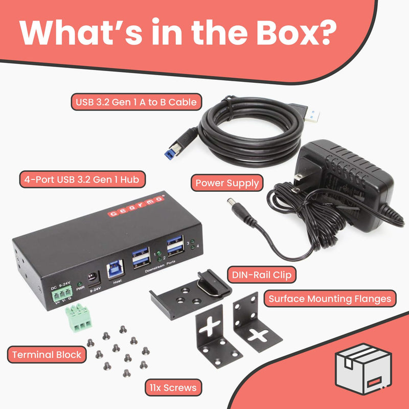Gearmo 4 Port USB Hub, 5Gbps, Industrial Mountable Metal Enclosure w/15KV ESD Protection, USB 3.2 USB Hub Data Transfer (12V/2A Power Adapter Included) Hub + Power Supply