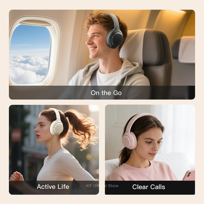 iKF T1 Pro Bluetooth Over-Ear Headphones, 100H Playback, 3.5mm Wired | HiFi Sound, Wireless Multipoint Connect, 38ms Low Latency, 40mm Custom Drivers, Foldable, Travel, Work, Gaming, Offwhite