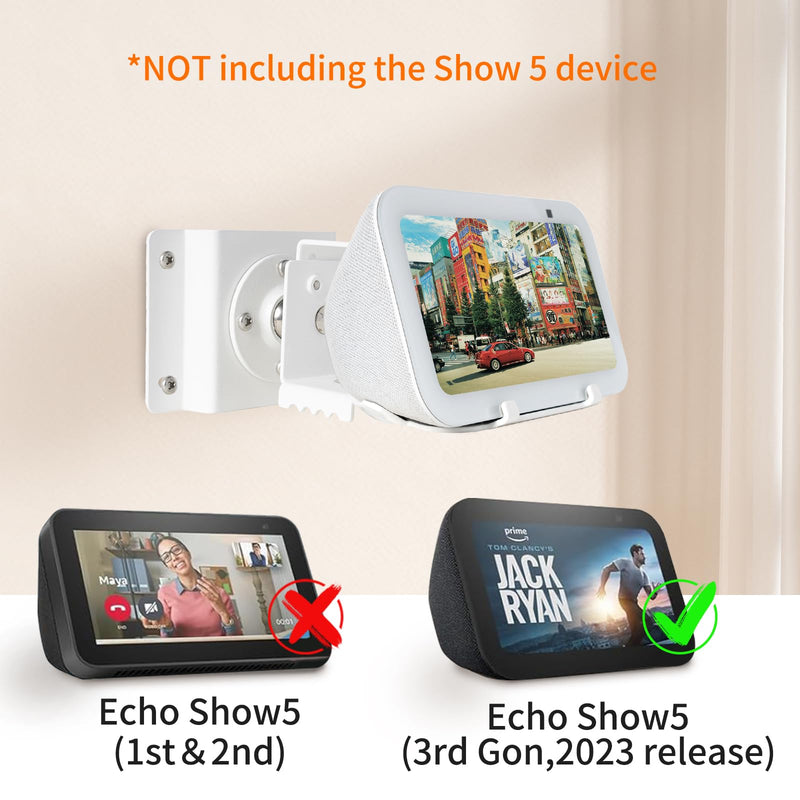 shinar Metal Wall Mount ONLY for Echo Show 5 (3rd Generation) - Swivels up to 360° / Tilts -70° / +70°,Mount Stand Compatible with Show 5 (3rd Gen)&iPhone Models with Wiremanagement (White) White