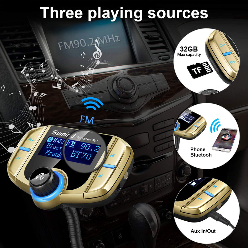 Sumind 2026 Upgraded Wireless Bluetooth Car Adapter FM Transmitter, 1.7'' LCD Display, Flexible Gooseneck, 20W QC3.0&Dual USB Ports, AUX Input/Output for Hands-Free Call, Micro/TF Card(Golden,Normal) Golden Normal