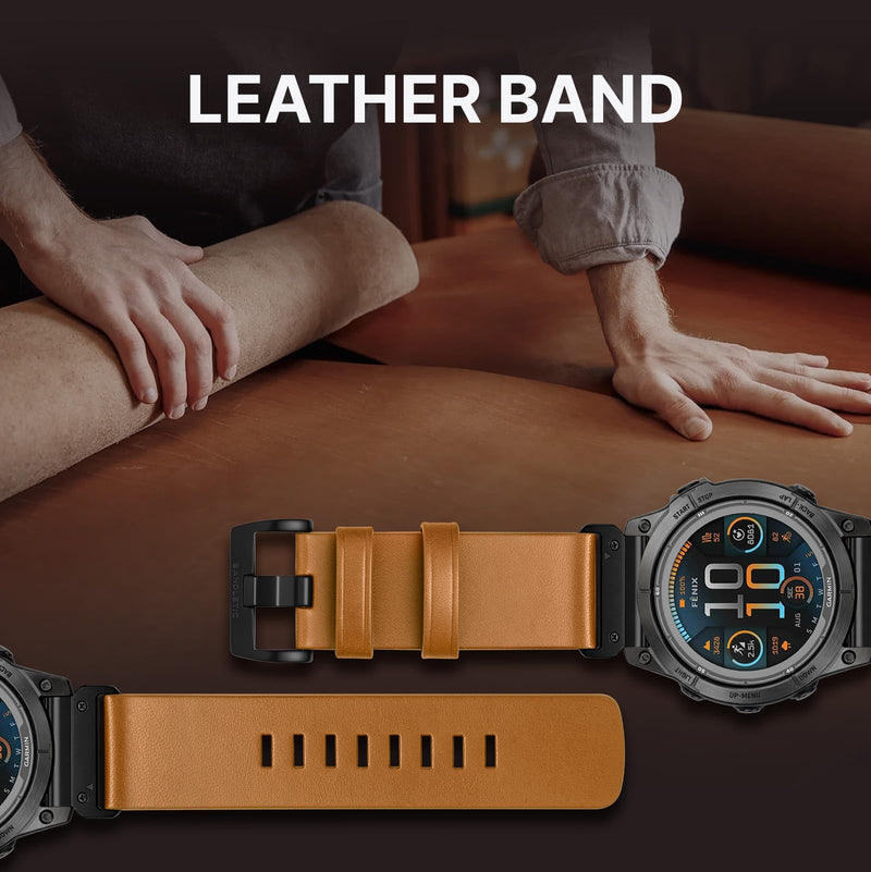 Bandletic 22mm Quick Fit Compatible with Garmin Instinct 3 Watch Bands | Leather Strap for Fenix 8 47mm/5 Plus/6/Instinct 3 E 45mm 2 /Forerunner 970/965/955/Quatix 8/Approach S70/S62/Epix/Descent G2 Camel 22