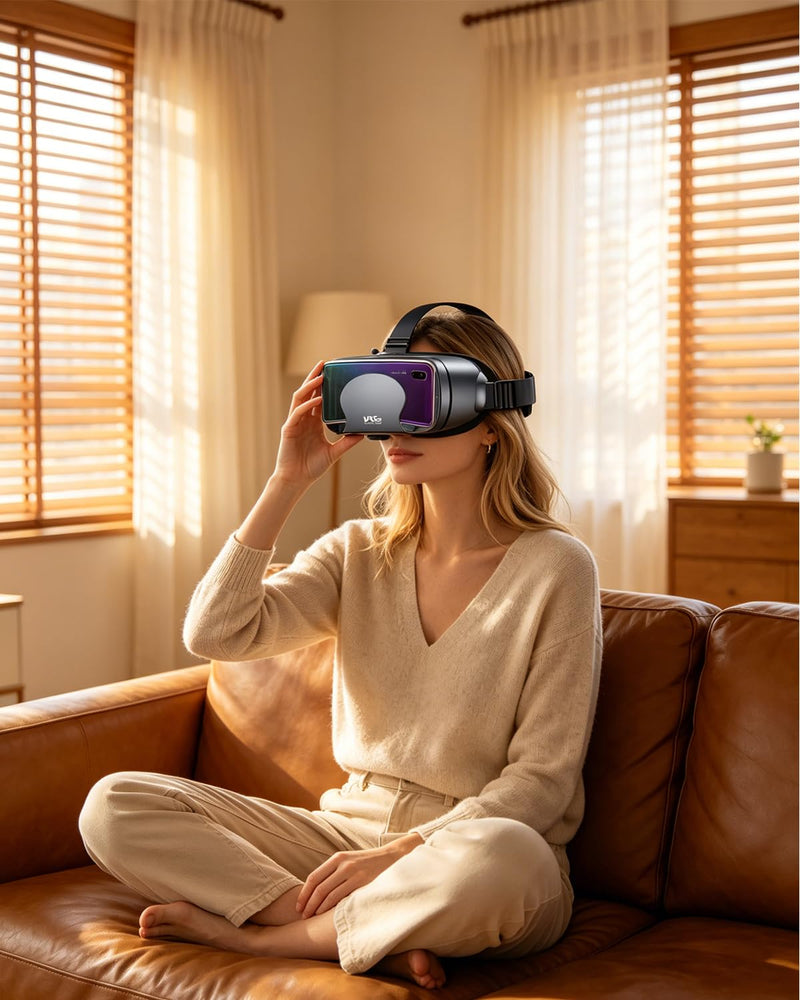 Dual-Mode 3D VR Glasses, Full-Screen VR Viewer with 120° Wide Angle, Anti-Blue Light Coated Lenses, 0-800° Myopia Adjustable, Compatible with 5-7 Inch Smartphones for Immersive Movies