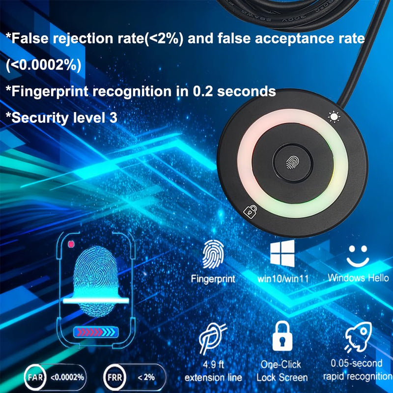 USB Fingerprint Reader Fingerprint for Windows10/11, Tap and Go with 360° Touch with 5ft Extension Cable-Windows Password Free Operation Windows Hello Automatic Driver Installation