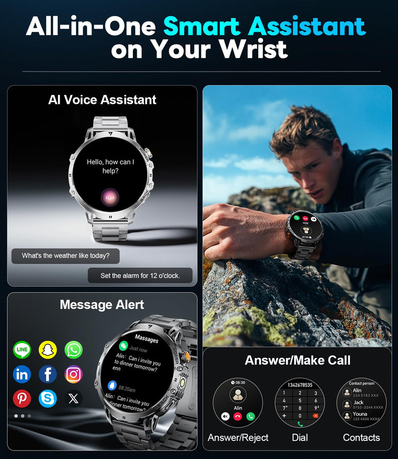 LIGE Military Smart Watches for Men(2 Bands),1000mAh/1.85" HD Large Screen Smartwatch, Flashlight/110+ Sports Modes/Sleep Monitor, Fitness Tracker Watch for Android iOS,Black Black
