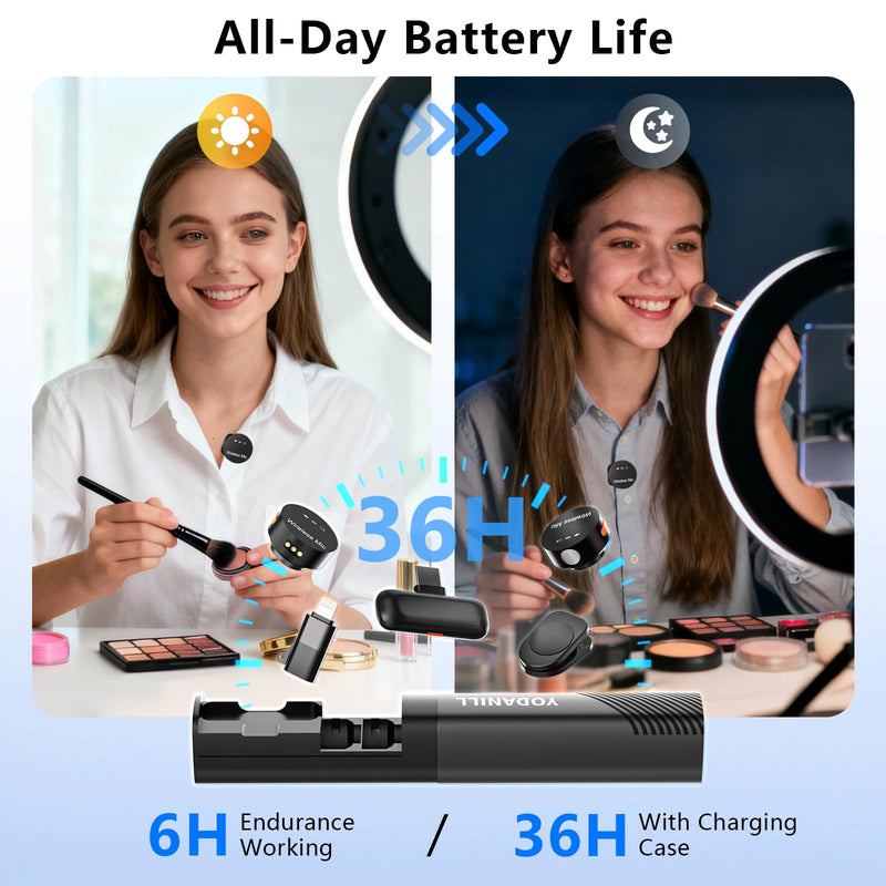 [AUSTRALIA] - Wireless lavalier Microphone，Mini Microphone AI Noise Cancel Vocal Type-C & Lightning Plug-Play 36H with Sound Modules Charging Case,165ft Clip-on Processors Lapel Mic for All Iphone,Android,Tablet 