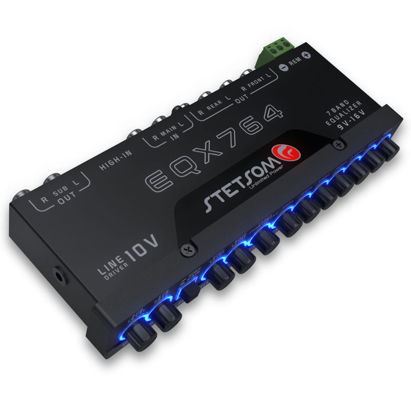 Stetsom EQX764 Graphic Equalizer 7 Band Equalization with 4 Input and 6 Output Channels, Input Channel Selection Switch (MAIN or HIGH), Level Controls for Each Input (MAIN or HIGH), Modern Blue LED