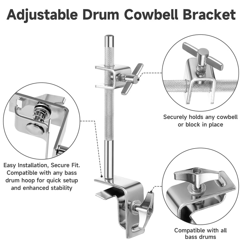 6 Inch Cowbell and Cowbell Clamp, Cowbell Holder Percussion Accessory for Drum Sets, Adjustable Standard Cowbell Mount Holder, Bass Drum Hoop Up or Down Drum Key