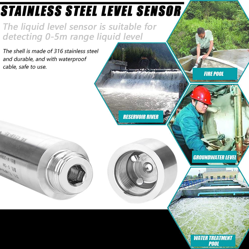 DC 24V 4-20mA Plug-In Level Sensor ALS-MPM-2F for Depth Measurement 0-5m, Stainless Steel, Anti-Corrosion, Anti-Clogging, Default