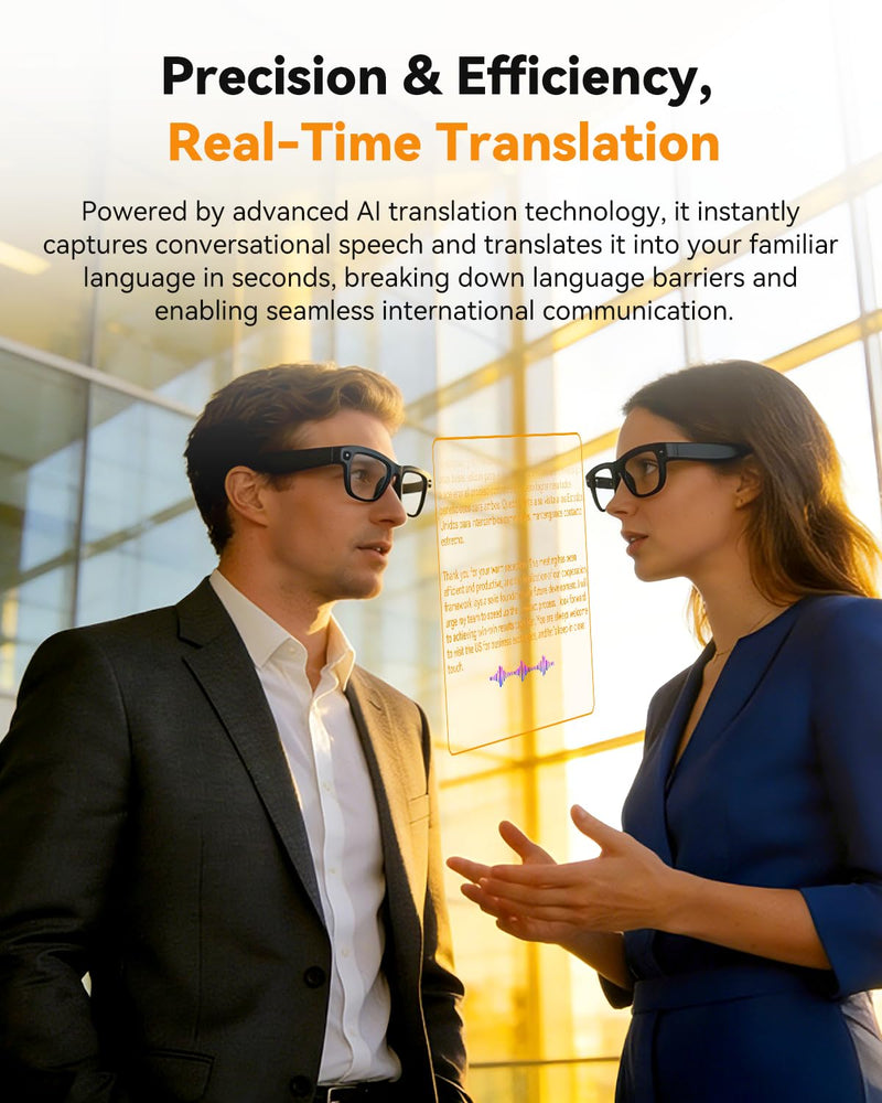 AI Smart Glasses with Camera, Translation, Video Audio Recording,Music | AI ChatGPT, Noise Canceling, Blue Light Lenses for Women Men (Traval Business) Black