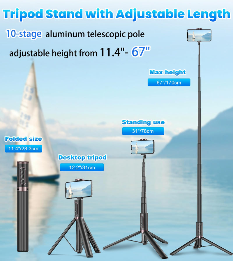 TONEOF 67" Cell Phone Selfie Stick Tripod,Smartphone Tripod Stand All-in-1 with Integrated Wireless Remote,Portable,Lightweight,Extendable Phone Tripod for iPhone/Android(Black) 67“ Black