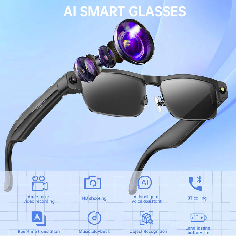 Smart Bluetooth Glasses with HD Camera –1080P Video Recording, AI Voice, Chatgpt, Open-Ear Audio, Music,Call, ANC Mic,Fashion Smart Sunglasses with Outdoor UV Protection,Wifi,Translation for Men Women Black